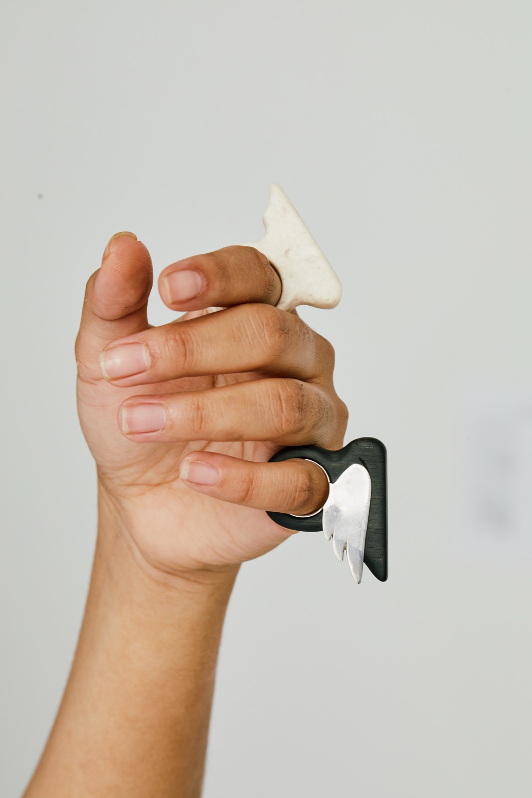 White and black wing rings on a raised fist